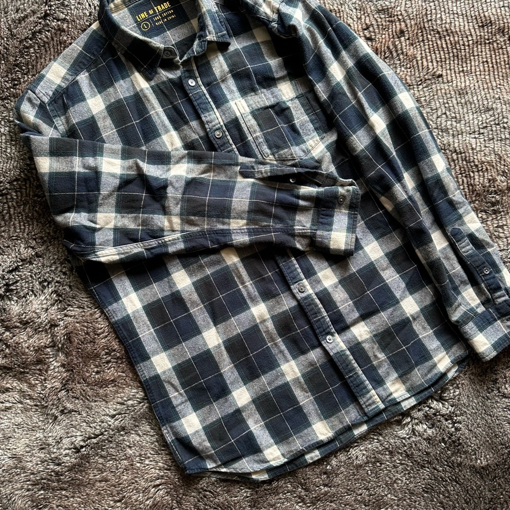 Men's Navy and White Plaid Button-Down Shirt